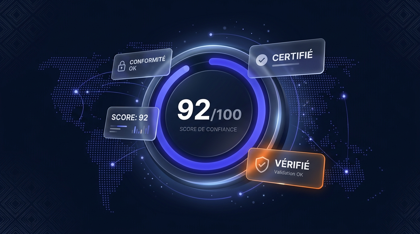 Score VerifIA 92/100 sur carte Afrique avec badges